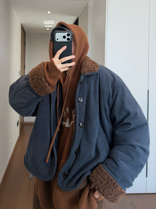 Dannyandzee Navy Blue Corduroy Plush Jacket - Coffee Cloud Warm Coat (Unisex)