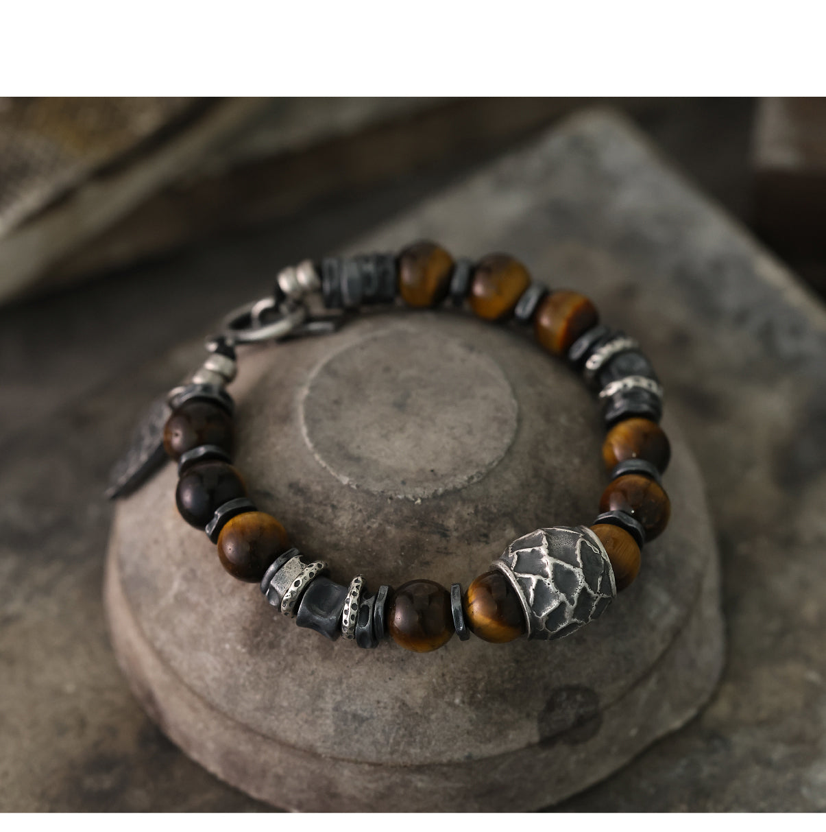 Yinshu Original Handmade &lt;Hammered&gt; Bracelet for Men Niche 999 Pure Silver Tiger Eye Stone Men's Vintage Bracelet