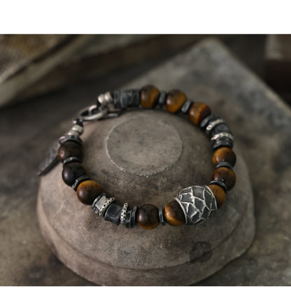 Yinshu Original Handmade &lt;Hammered&gt; Bracelet for Men Niche 999 Pure Silver Tiger Eye Stone Men's Vintage Bracelet