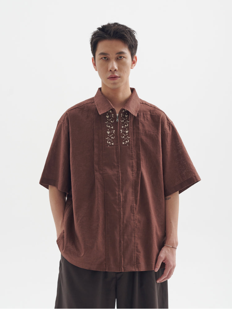 25SS Ramie Blend Passionflower Embroidery Washed Vintage Japanese Style Retro Short Sleeve Shirt