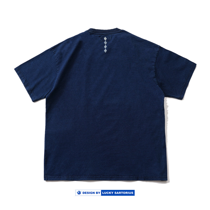 Japanese Retro Indigo Batik Craft Ethnic Style Patchwork Heavy Cotton Loose Fit Oversized T-Shirt for Men Summer Tee