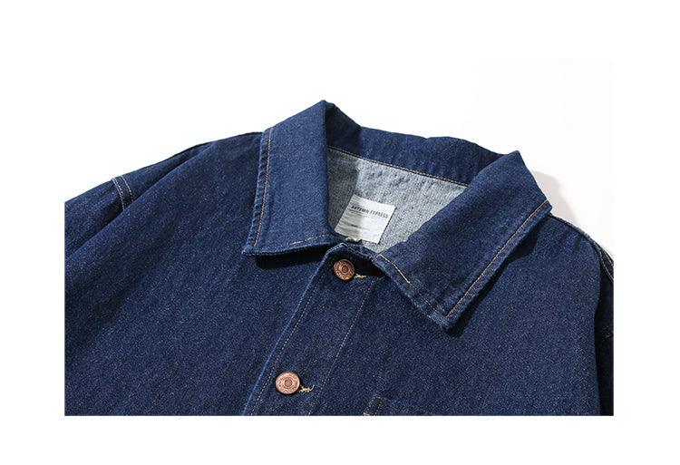 Japanese Retro Workwear Denim Shirt – Loose Turn-Down Collar for Spring/Autumn