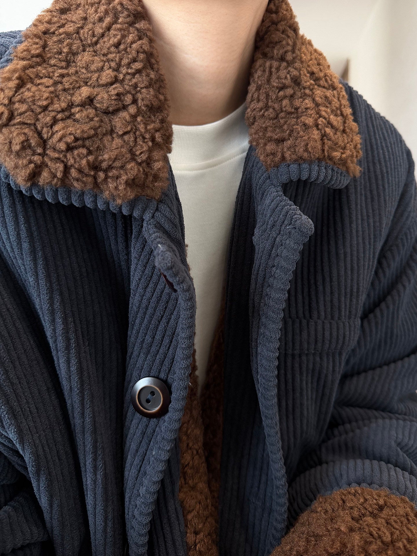 Dannyandzee Navy Blue Corduroy Plush Jacket - Coffee Cloud Warm Coat (Unisex)