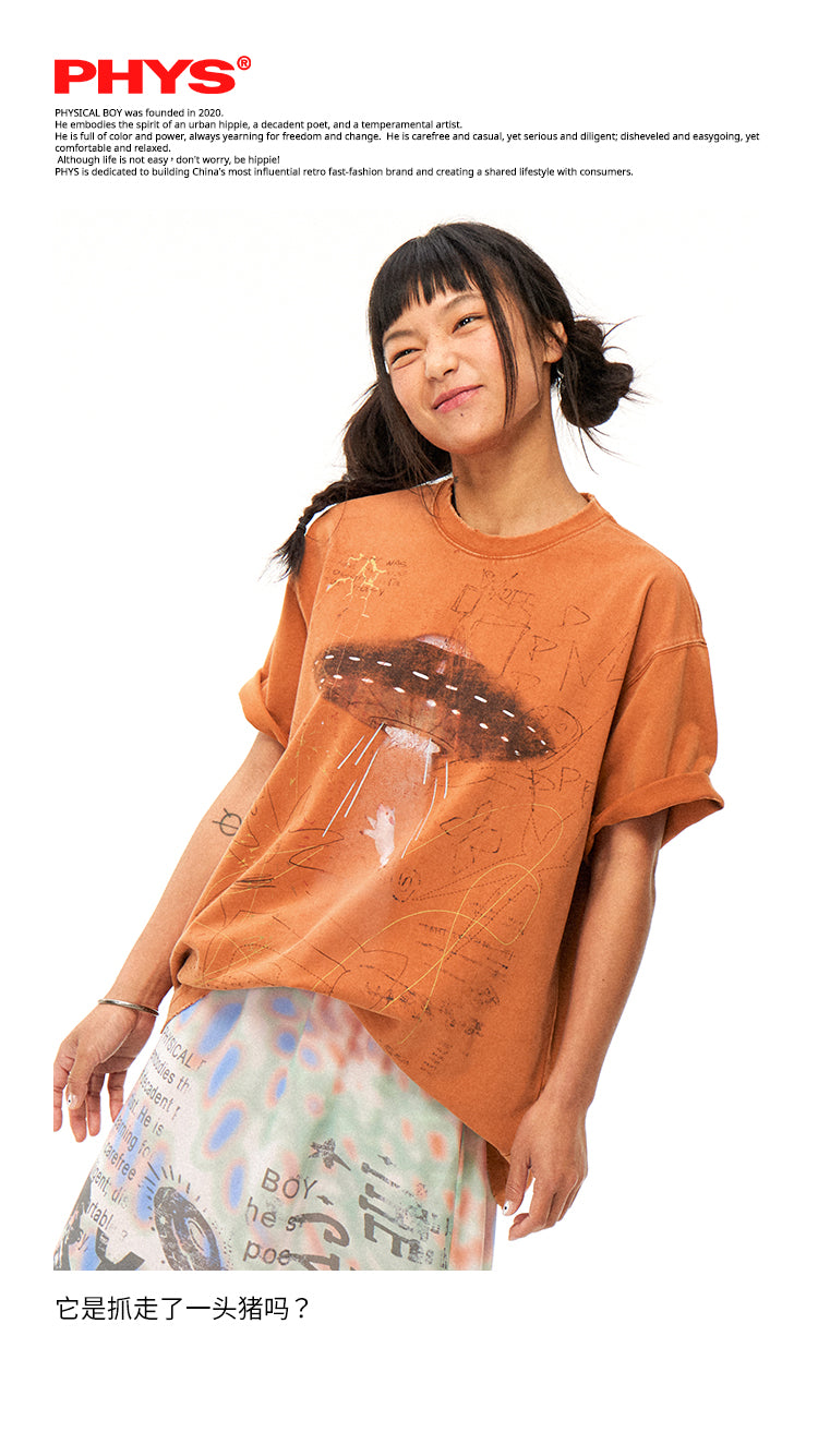 Alien Piggy 230g UFO Piggy Print Orange Short Sleeve T-Shirt