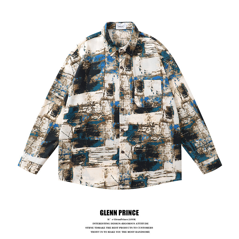 Trendy Street Irregular Oil Painting Full Print Long Sleeve Shirt for Men Autumn Niche Casual Shirt Jacket