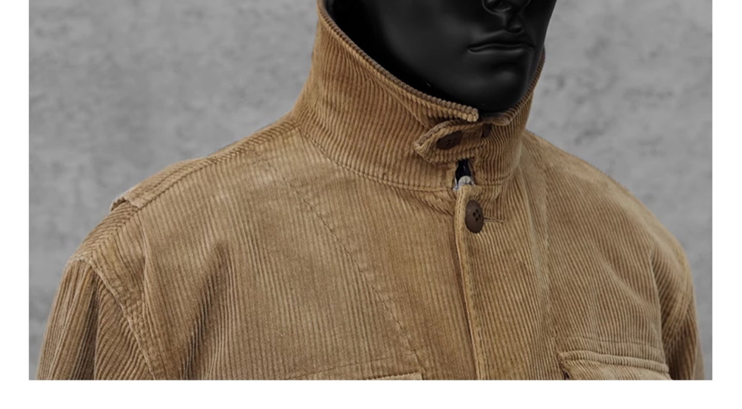 Corduroy Western Hunting Jacket for Men, Washed Multi-Pocket Outdoor Adventure Workwear Retro Windbreaker Jacket