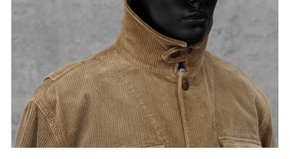 Corduroy Western Hunting Jacket for Men, Washed Multi-Pocket Outdoor Adventure Workwear Retro Windbreaker Jacket