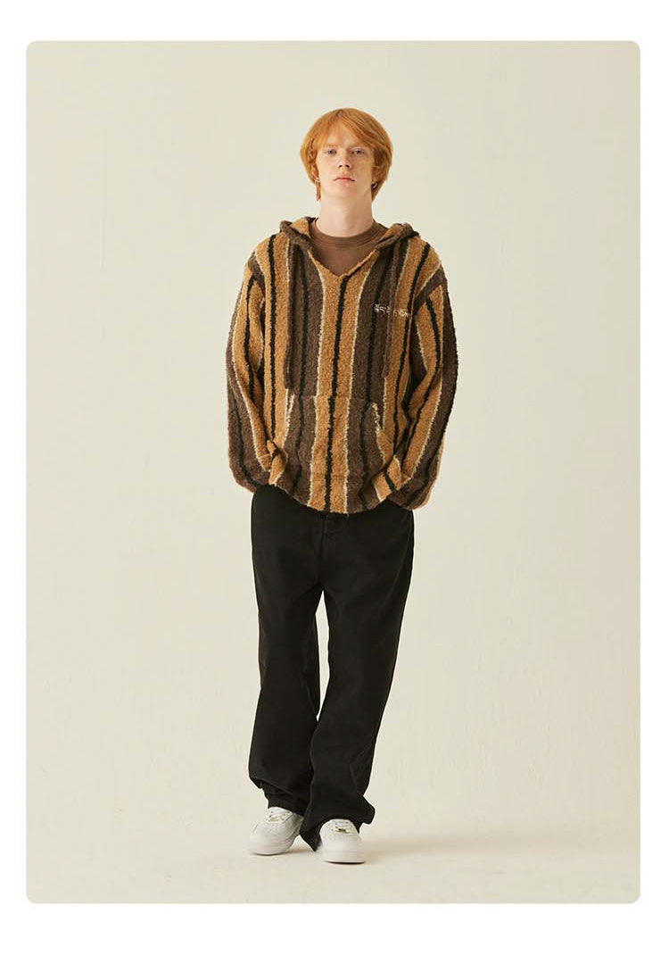 MEDRIA Retro Striped Wool Blend Tibetan Hoodie Autumn Winter Lazy Style Knitted Sweater Unisex Hooded Jacket