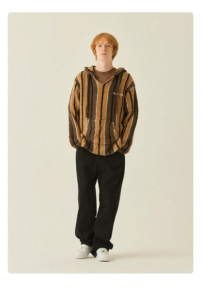 Medria Unisex Retro Striped Hoodie - Wool Blend Tibetan Style Lazy Knit Jacket