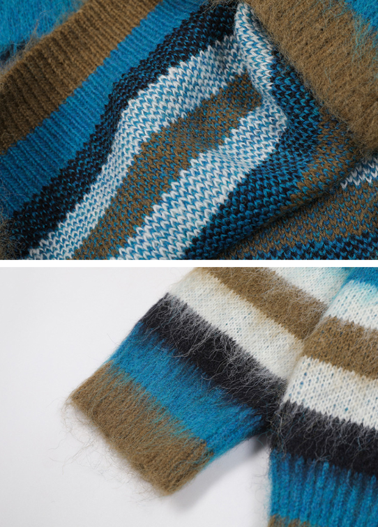 WOODOO Unisex Retro Knitted Sweater - Color Block Striped Round Neck Top