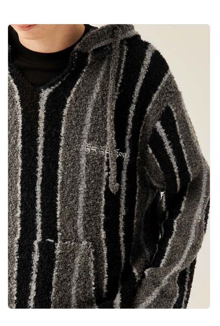 MEDRIA Retro Striped Wool Blend Tibetan Hoodie Autumn Winter Lazy Style Knitted Sweater Unisex Hooded Jacket