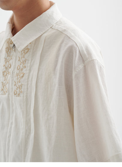 25SS Ramie Blend Passionflower Embroidery Washed Vintage Japanese Style Retro Short Sleeve Shirt