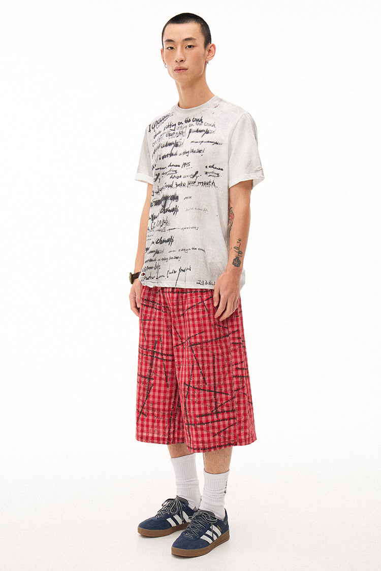 Handwritten Print Soft Skin-friendly Distressed Loose Short Sleeve T-shirt