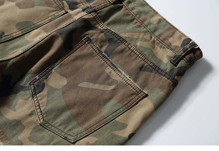 Men's American Street Retro Cargo Pants - Camouflage Heavy Washed Ripped Straight-Leg Pants