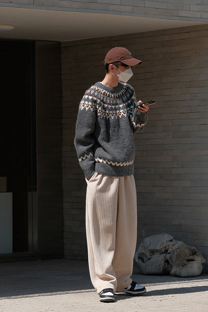 Coke Life CARPEM Winter Fair Isle Sweater - Thickened Coarse Knit Handmade Jacquard Round Neck Top