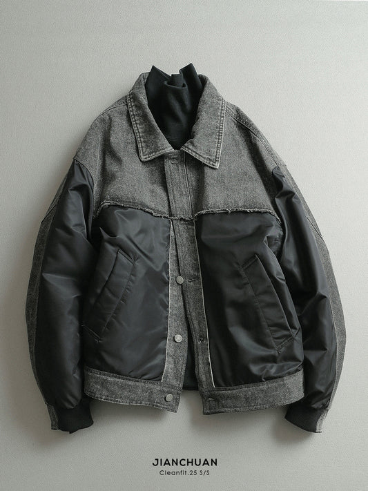 Jianchuan 90% White Duck Down Jacket - Japanese Minimalist Denim Patchwork (Men)