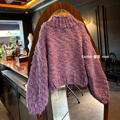 Women's Korean Retro High Collar Knitted Cardigan - Petite Short Slimming Thickened Sweater Coat