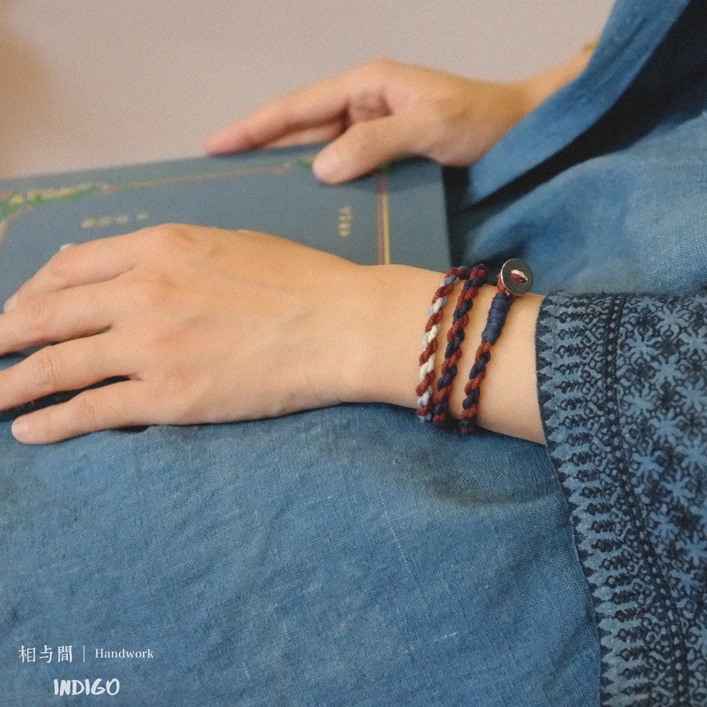 Original Four-Strand Weaving Blue Dyed + Madder Red Hand Rope Cotton Linen Niche Couple Retro Multi-Twist Bracelet