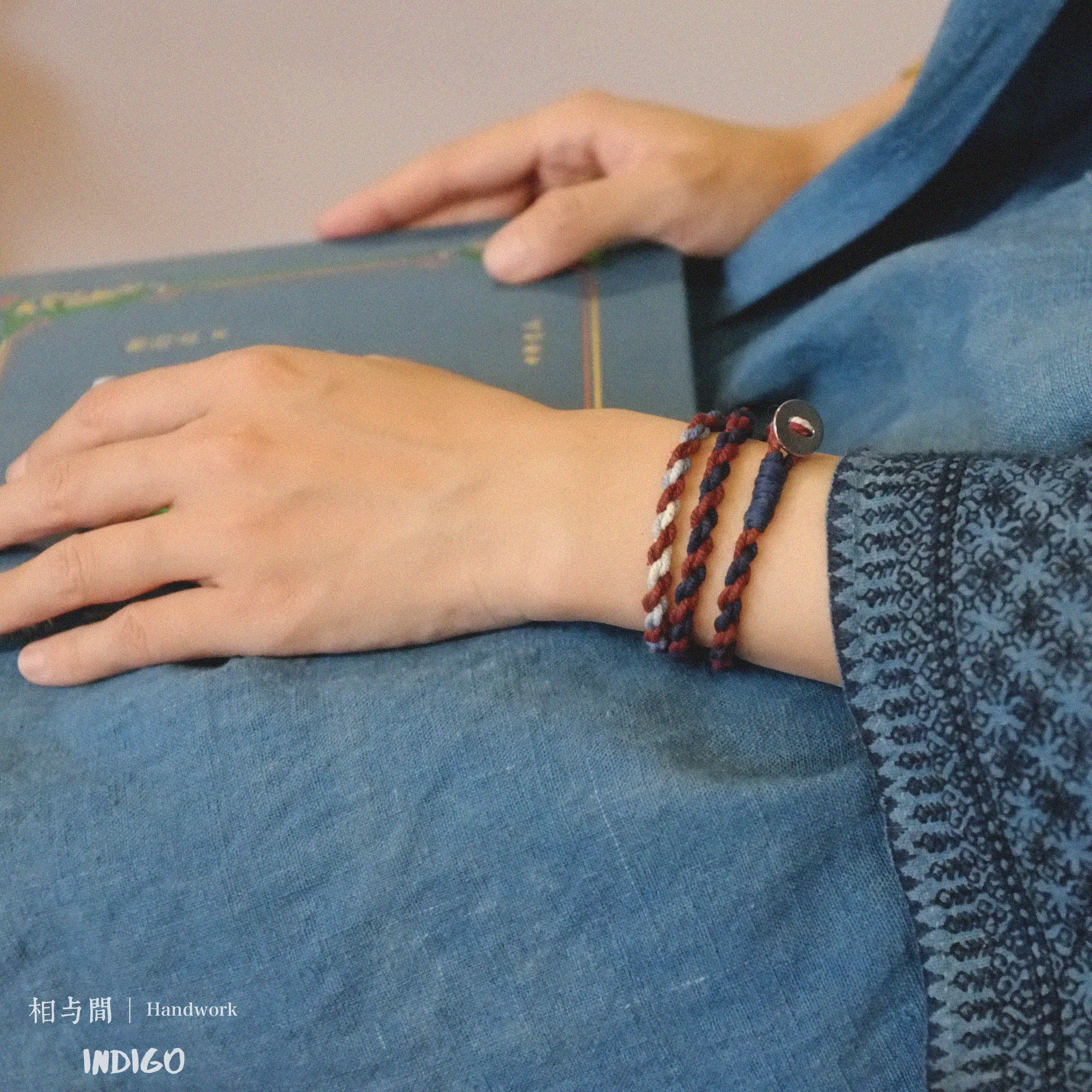 Original Four-Strand Weaving Blue Dyed + Madder Red Hand Rope Cotton Linen Niche Couple Retro Multi-Twist Bracelet