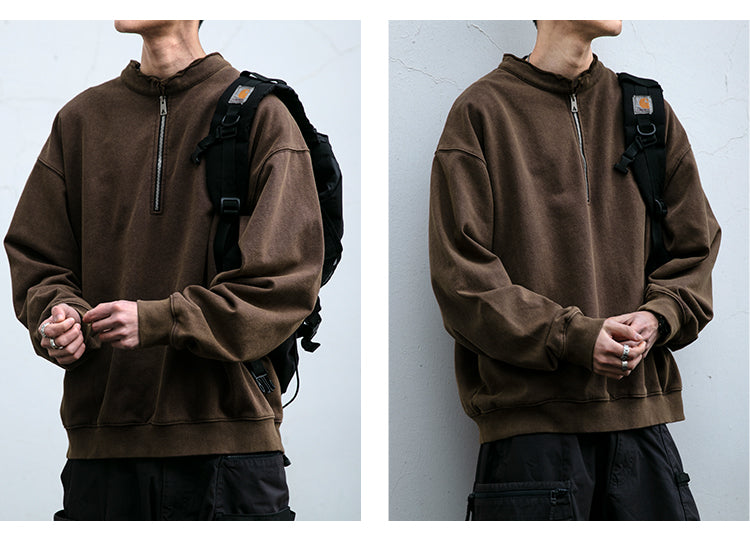 Unisex 465g Washed Vintage Sweatshirt - Boxy Half-Zip Snowflake Knit Pullover