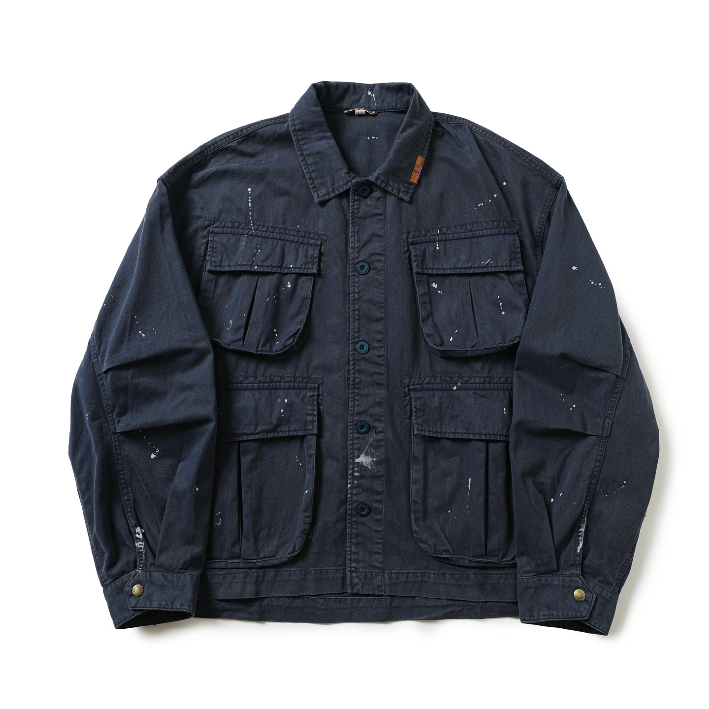 Heavy-Duty Washed Multi-Pocket Workwear Jacket – Ink-Splattered, Turn-Down Collar (Unisex)