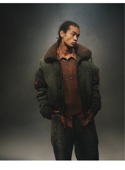 24aw Washed Green Vintage Jacket Cotton-Padded Coat Distressed Epaulet Fur Collar Thickened Coat