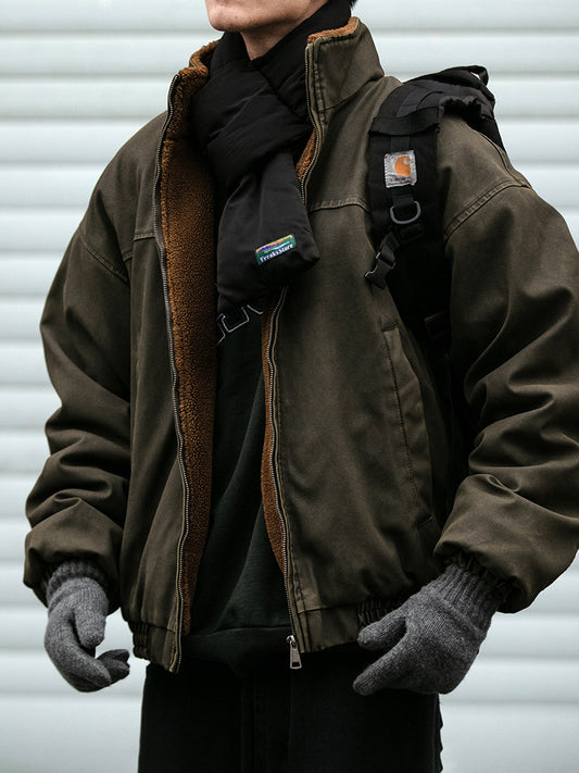 Heavy-Duty Washed Vintage Cotton Jacket - Lambswool Lined Stand Collar Coat (Men)