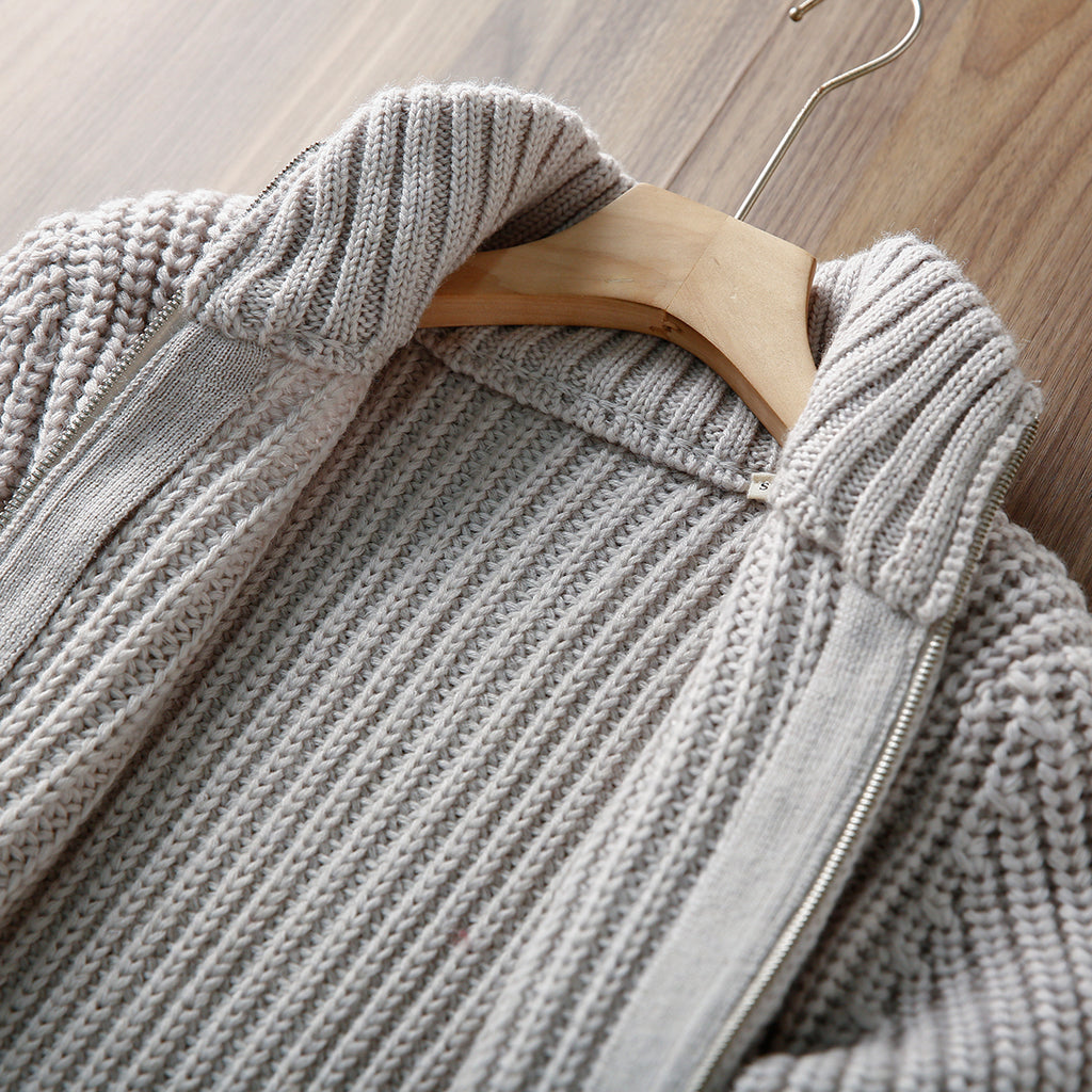 Italian Pure Wool Stand-Collar Cardigan – 100% Heavyweight Knit Sweater Jacket for Autumn/Winter