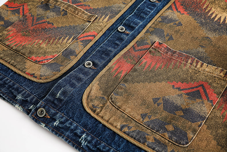 Shanwu Patchwork Blue Lapel Jacket – Retro American Streetwear, Unisex