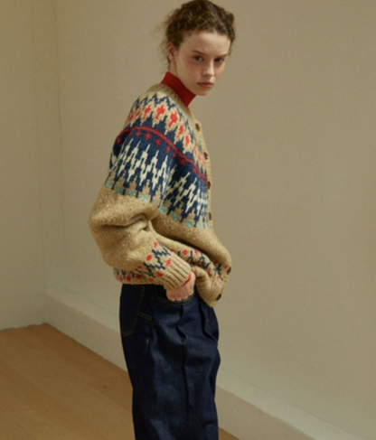 LINHOUSE French Retro Fair Isle Cardigan - Thick Wool Blend Sweater (Women)