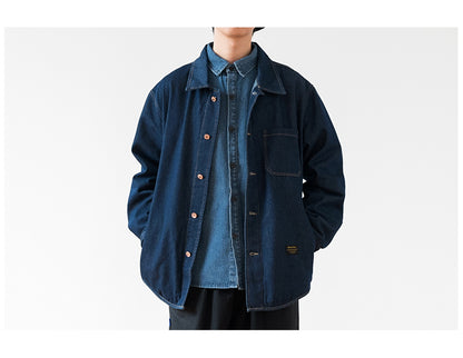 Japanese Retro Workwear Denim Shirt – Loose Turn-Down Collar for Spring/Autumn