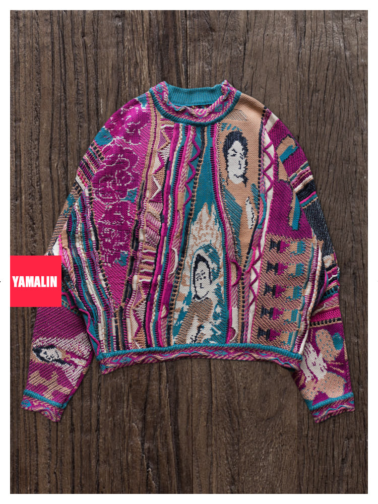 “Rose Portrait” Red Pullover Sweater – Japanese Retro Knit with Bold Floral Motif