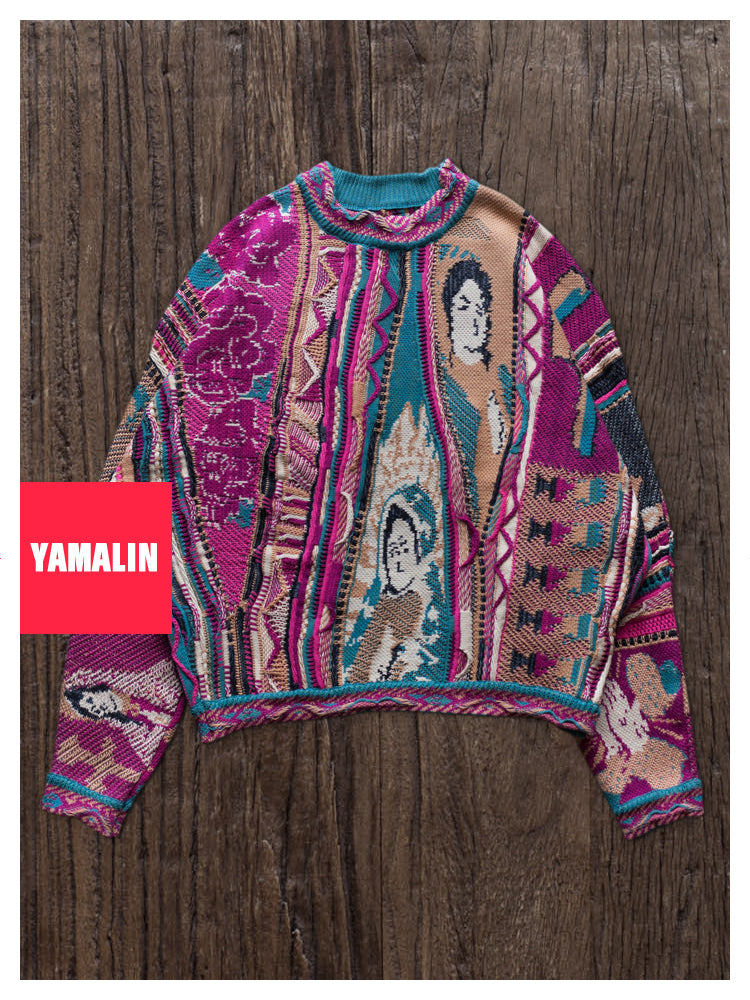 “Rose Portrait” Red Pullover Sweater – Japanese Retro Knit with Bold Floral Motif