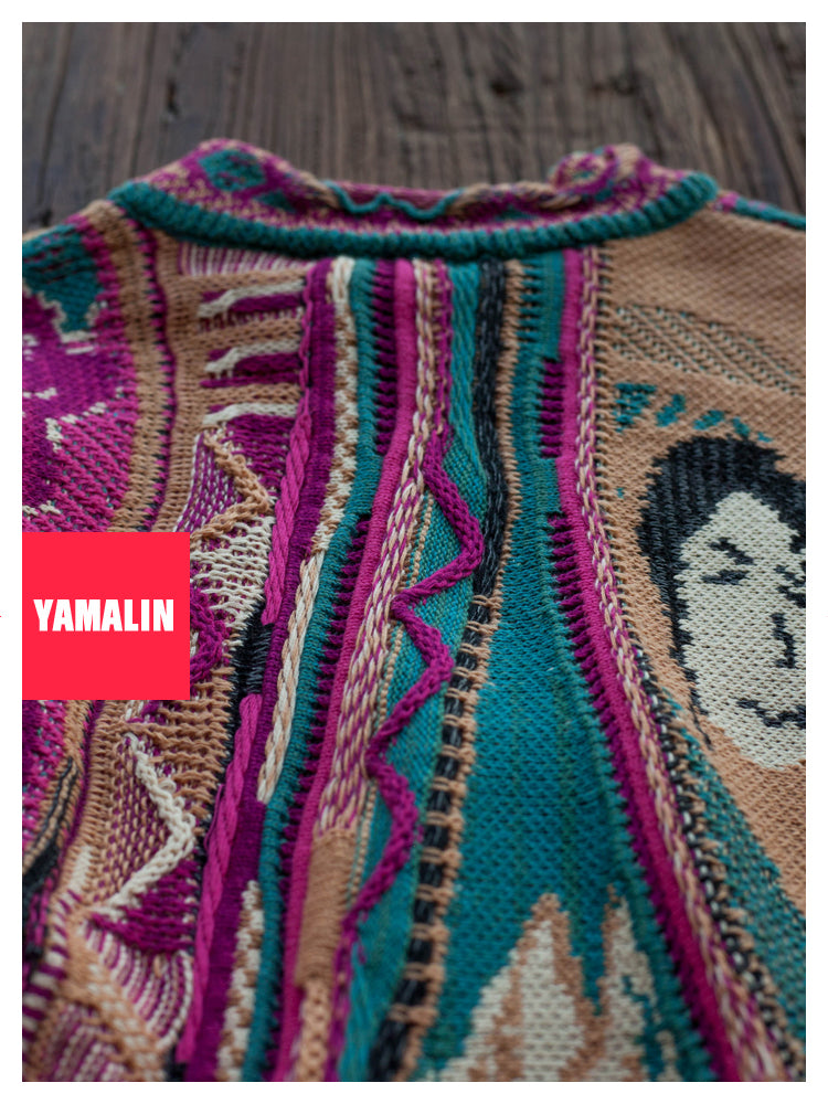 “Rose Portrait” Red Pullover Sweater – Japanese Retro Knit with Bold Floral Motif