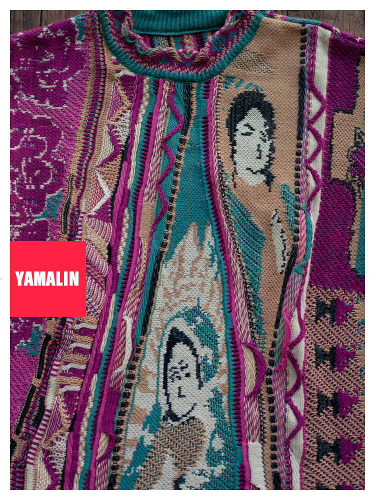 “Rose Portrait” Red Pullover Sweater – Japanese Retro Knit with Bold Floral Motif