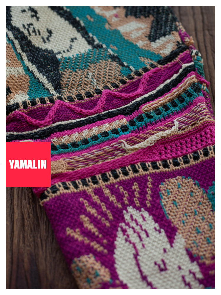 “Rose Portrait” Red Pullover Sweater – Japanese Retro Knit with Bold Floral Motif