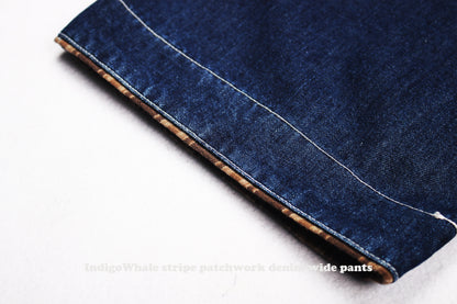 IndigoWhale Bamboo Denim Wide-Leg Patchwork Jeans – Heavy Wash, Drawstring Nine-Point Design