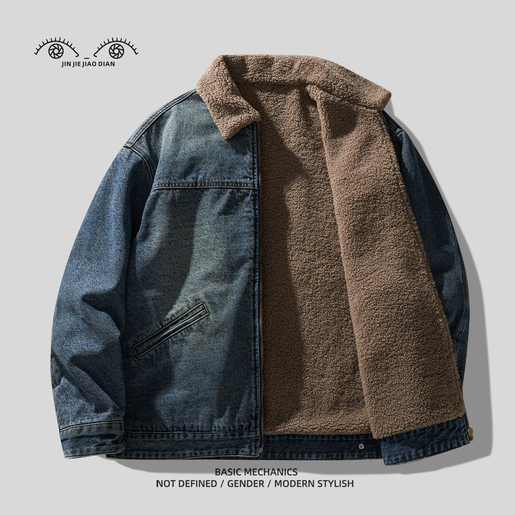 High Street Retro Washed Lamb Wool Denim Jacket – Thickened Warm Winter Cotton Coat for Men