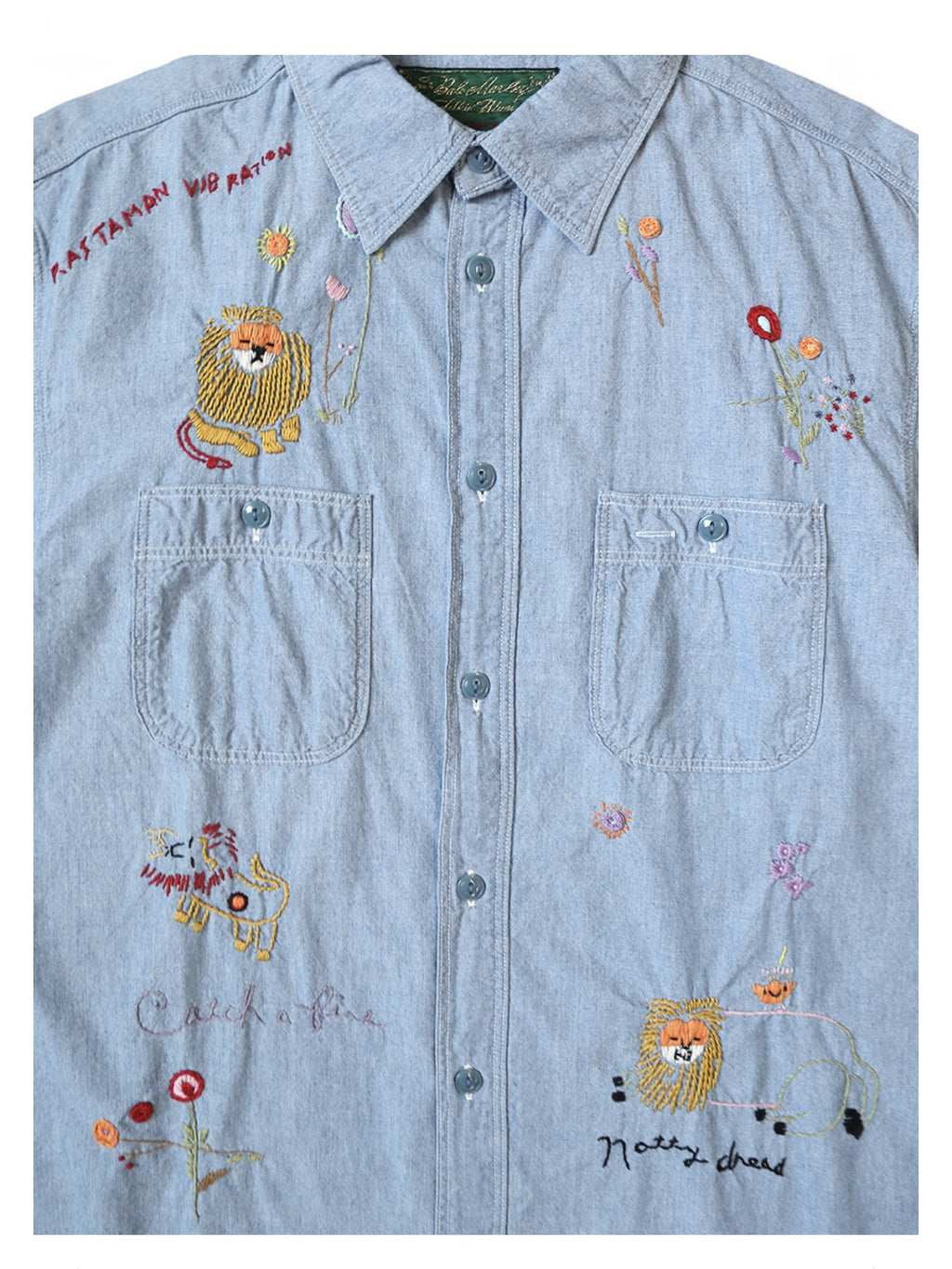 25AW Japanese Style Casual Lion Floral Embroidery Turn-down Collar Cotton Long Shirt