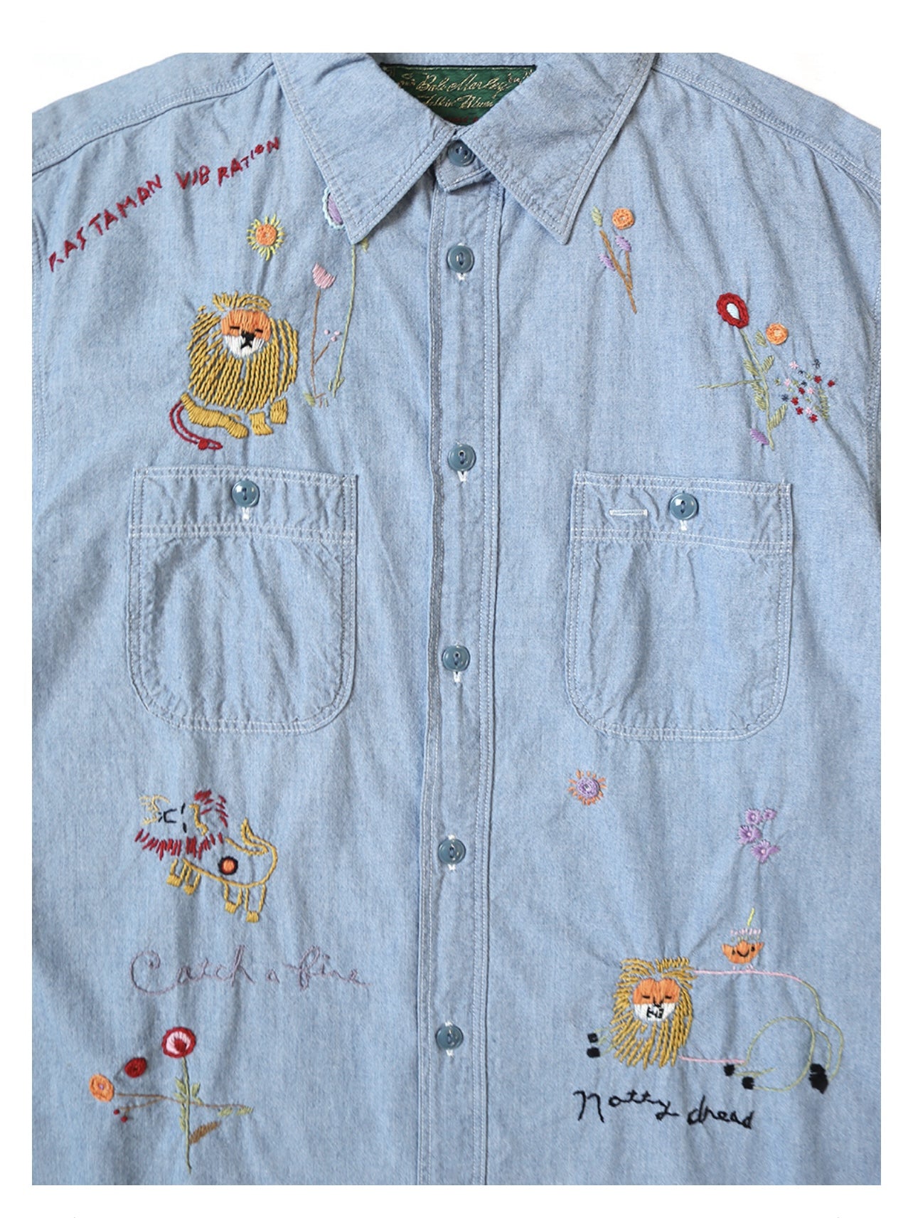25AW Japanese Style Casual Lion Floral Embroidery Turn-down Collar Cotton Long Shirt