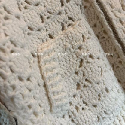 Women's Sweet Hollow Crochet Cardigan - Handmade Wool Blend Zipper Knitted Lazy Style Outerwear