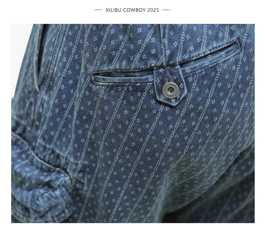 Blue Dyed Jacquard Loose Fit Scimitar Cropped Pants Japanese Retro Style with Large Pockets Casual Mid-Length Shorts