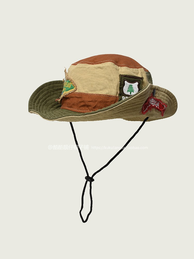 Unique Fisherman Hat for Men and Women, Vintage Patched Street Style Trendy Brand Hiking Hat, Outdoor Camping Western Cowboy Hat