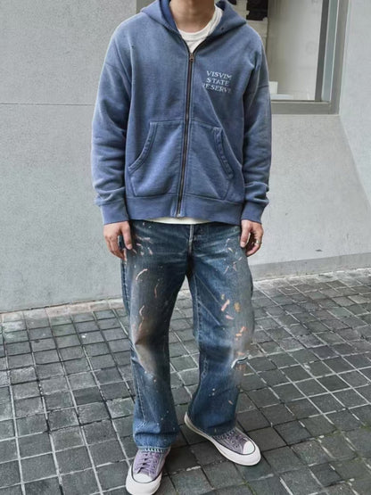 Japanese Trend All-Cotton Washed Vintage Distressed Zipper Hoodie