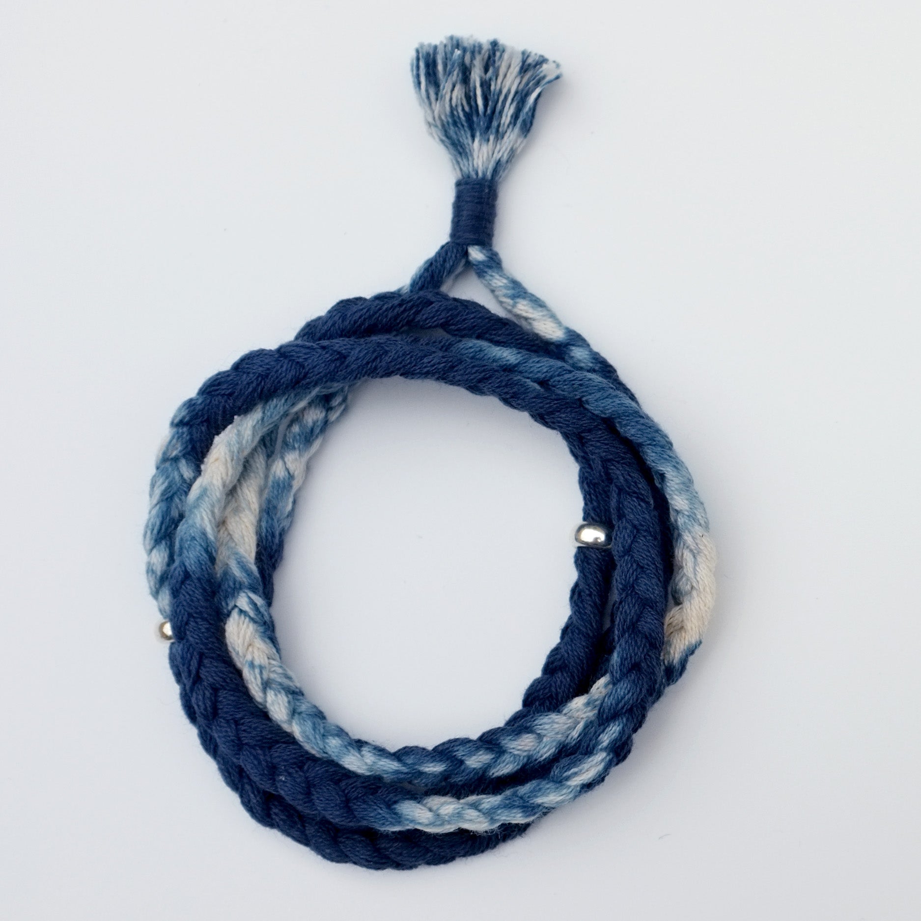 Original Indigo Dyed Vintage Indian Three-Strand Braided Silver Bead Necklace Plant-Dyed Hand Rope