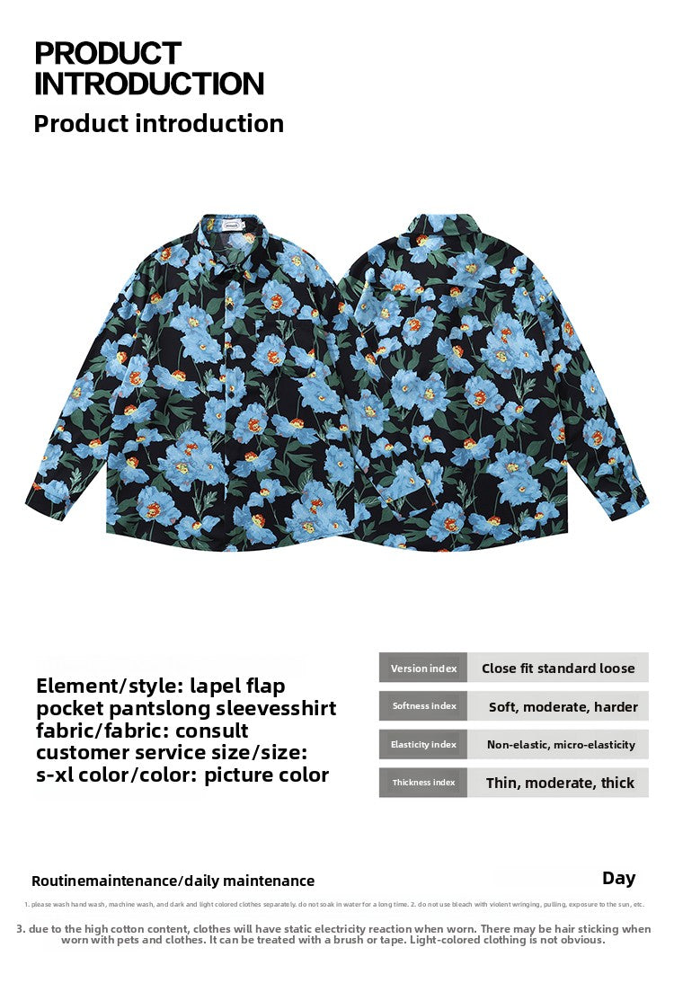 Resort Style Blue Floral Full Print Long Sleeve Shirt for Men 2025 Autumn New Hawaiian Floral Shirt