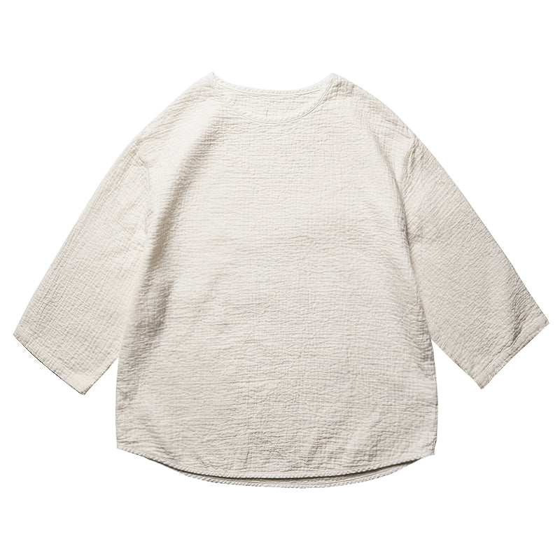 Original Japanese Retro White Sashiko Spring Summer Loose Couple Style Short Sleeve Embroidered Casual Three-Quarter Sleeve T-Shirt for Men