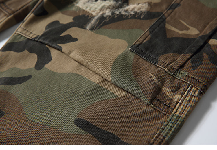 Men's American Street Retro Cargo Pants - Camouflage Heavy Washed Ripped Straight-Leg Pants