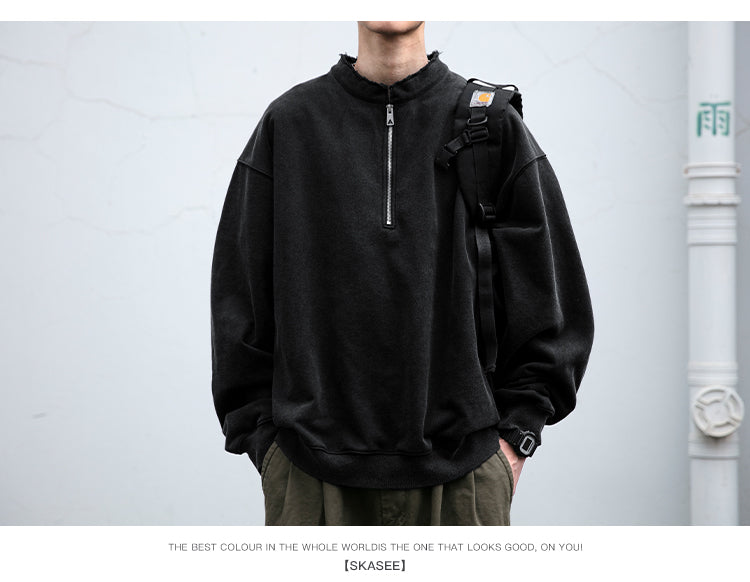 Unisex 465g Washed Vintage Sweatshirt - Boxy Half-Zip Snowflake Knit Pullover