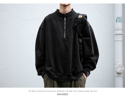 Unisex 465g Washed Vintage Sweatshirt - Boxy Half-Zip Snowflake Knit Pullover